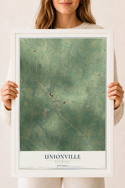 Map of Unionville, Tennessee, 18 x 24 inch print in a white wood frame