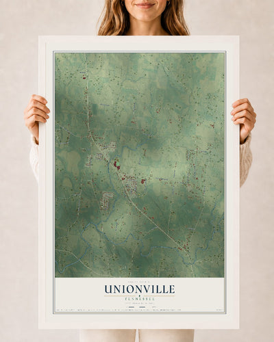 Map of Unionville, Tennessee, 24 x 36 inch print in a white wood frame