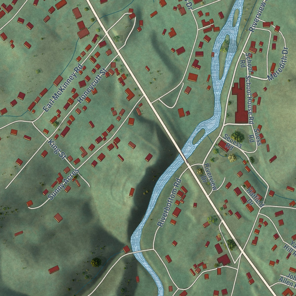 Close-up of the map of Valley Forge, Tennessee print showing street and building detail