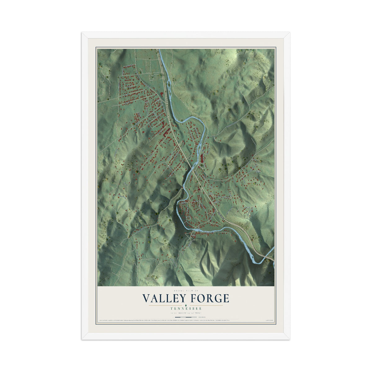 Map of Valley Forge, Tennessee, 12 x 18 inch print in a white wood frame