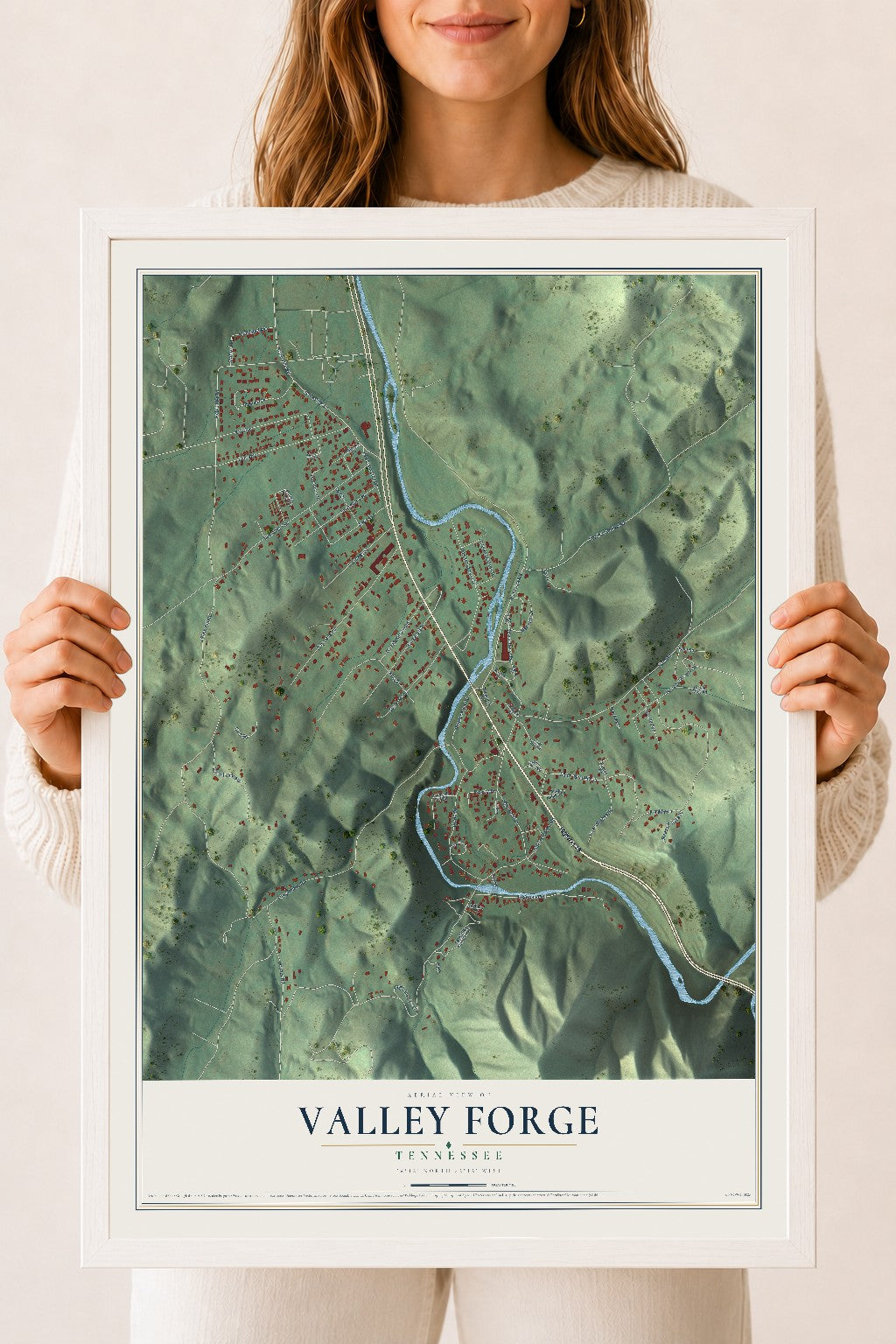 Map of Valley Forge, Tennessee, 18 x 24 inch print in a white wood frame