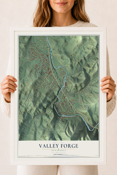 Map of Valley Forge, Tennessee, 18 x 24 inch print in a white wood frame