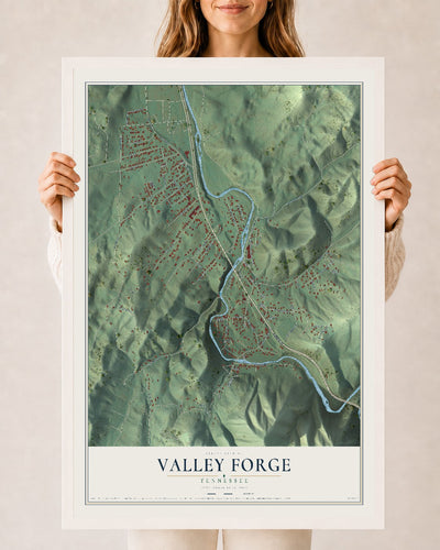 Map of Valley Forge, Tennessee, 24 x 36 inch print in a white wood frame