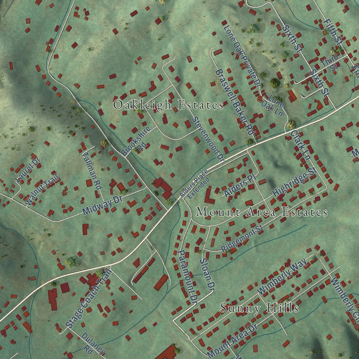 Close-up of the map of Walnut Hill, Tennessee print showing street and building detail