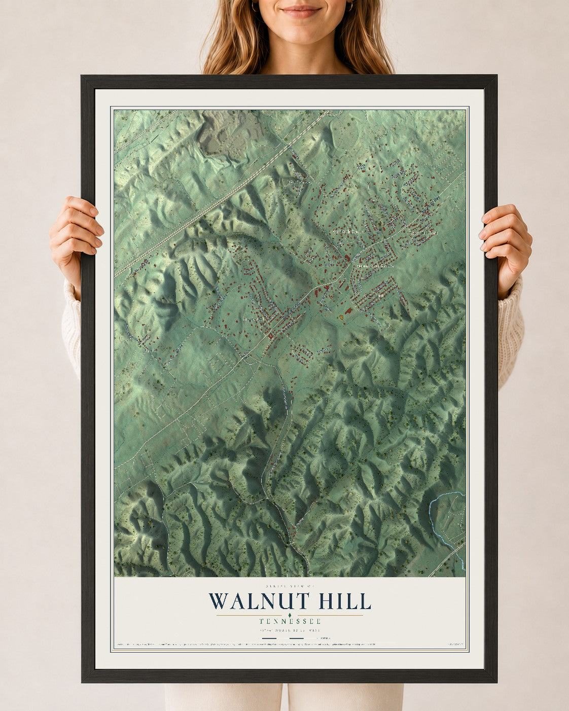 Map of Walnut Hill, Tennessee, 24 x 36 inch print in a black wood frame