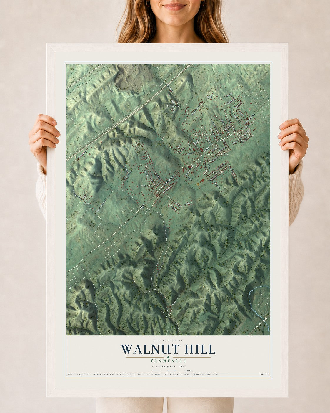 Map of Walnut Hill, Tennessee, 24 x 36 inch print in a white wood frame