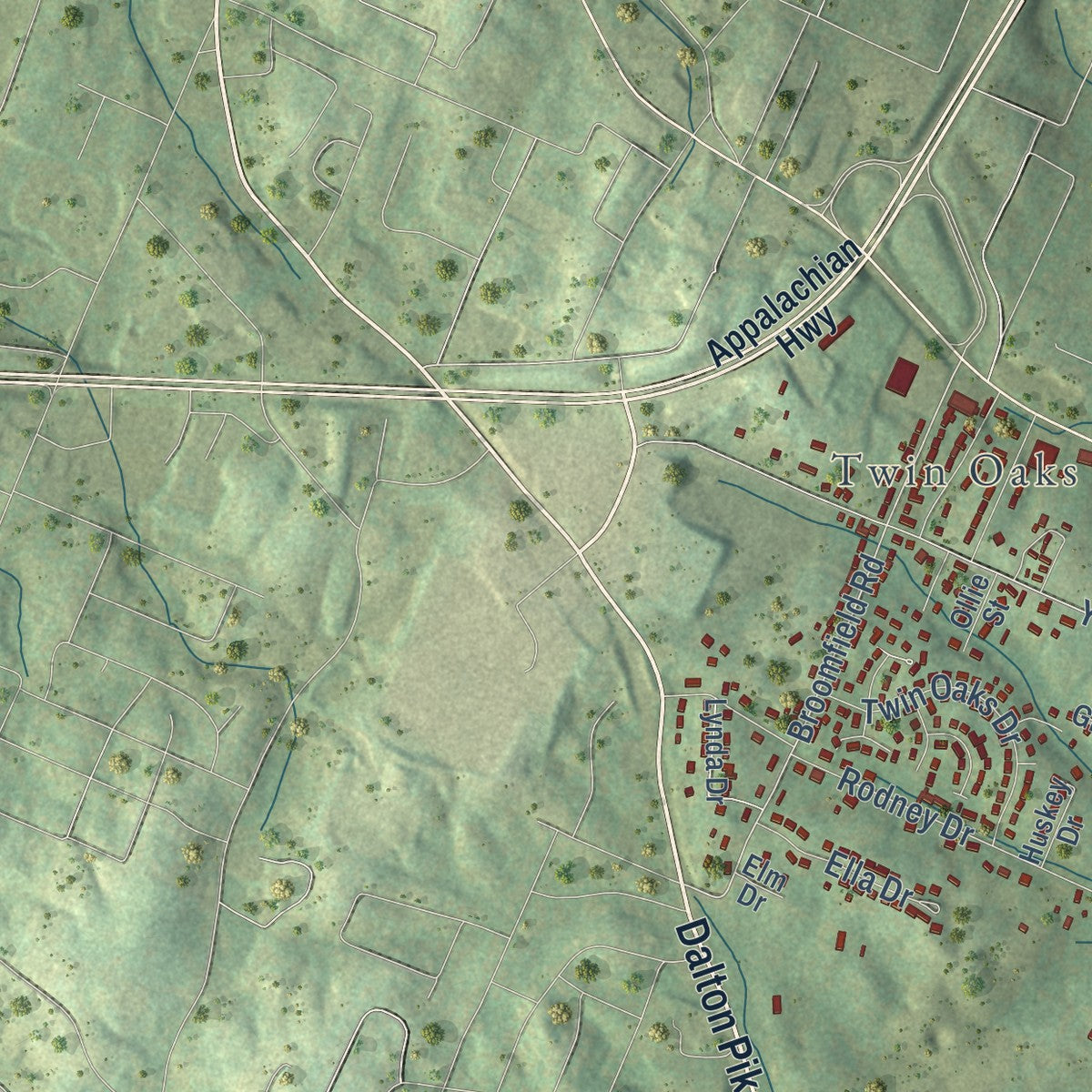 Close-up of the map of Wildwood Lake, Tennessee print showing street and building detail