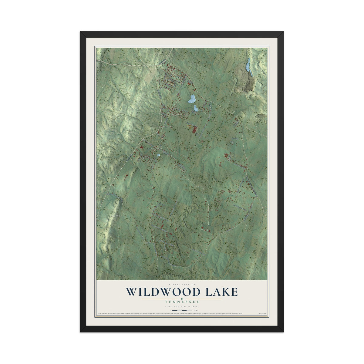 Map of Wildwood Lake, Tennessee, 12 x 18 inch print in a black wood frame