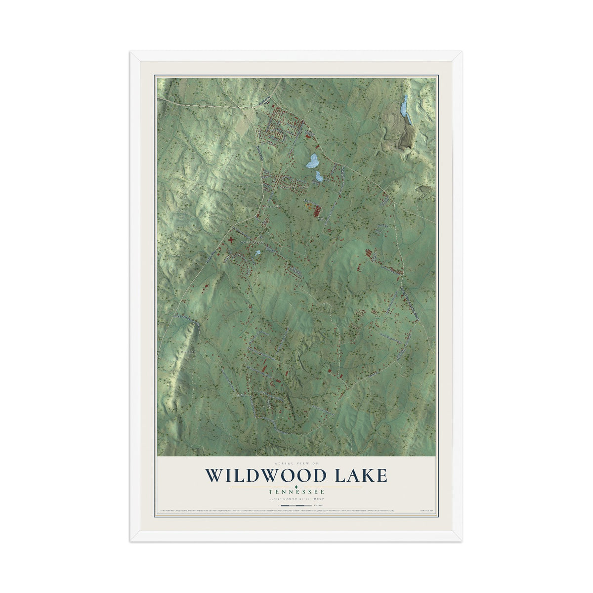 Map of Wildwood Lake, Tennessee, 12 x 18 inch print in a white wood frame