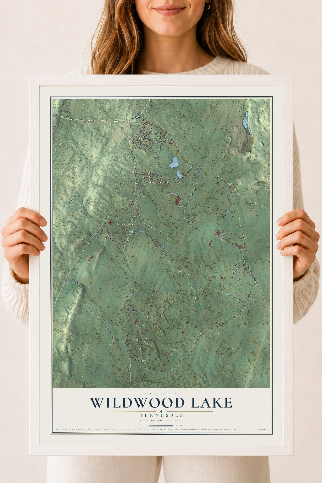Map of Wildwood Lake, Tennessee, 18 x 24 inch print in a white wood frame