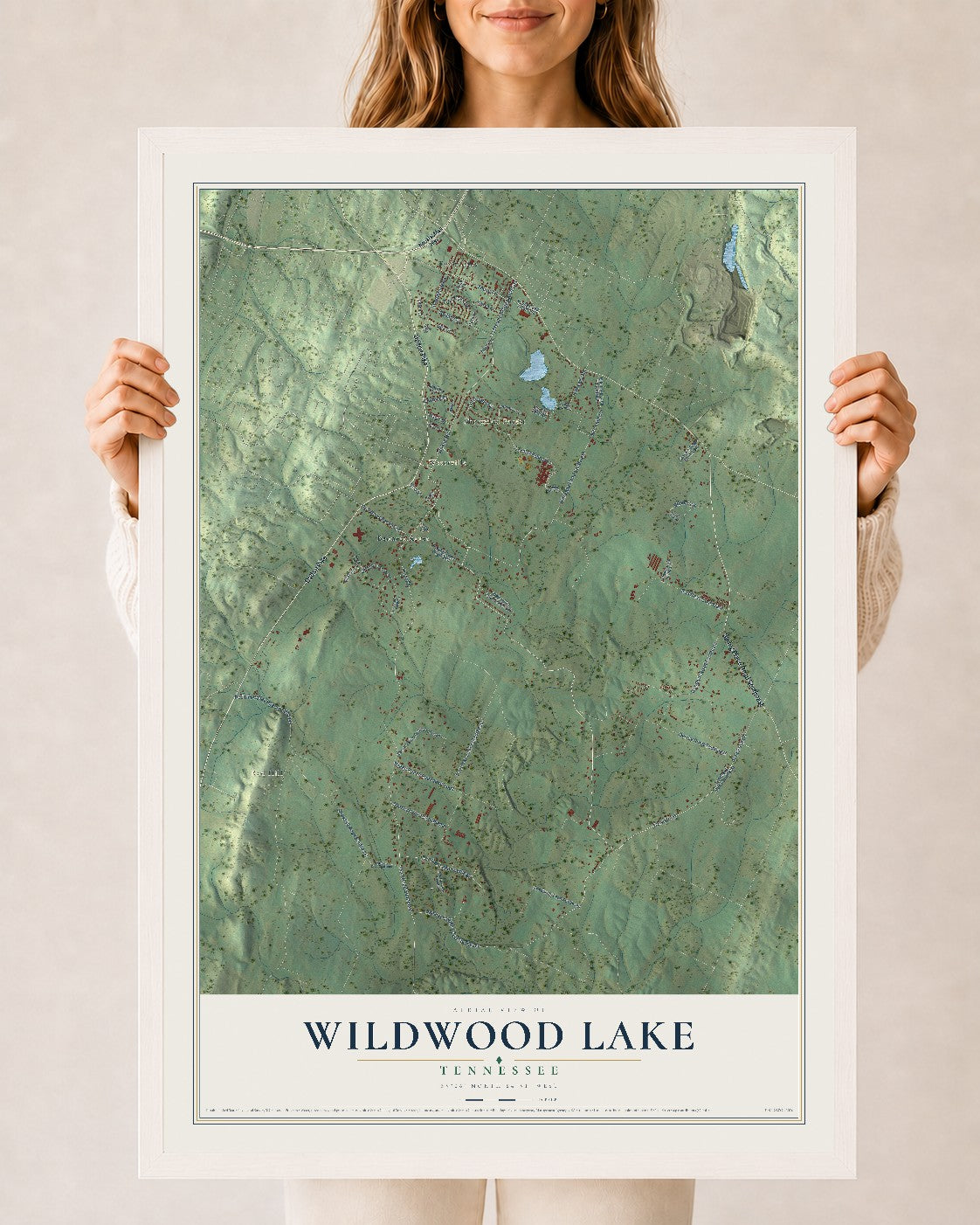 Map of Wildwood Lake, Tennessee, 24 x 36 inch print in a white wood frame
