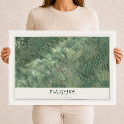 Map of Plainview, Tennessee, 12 x 18 inch print in a white wood frame
