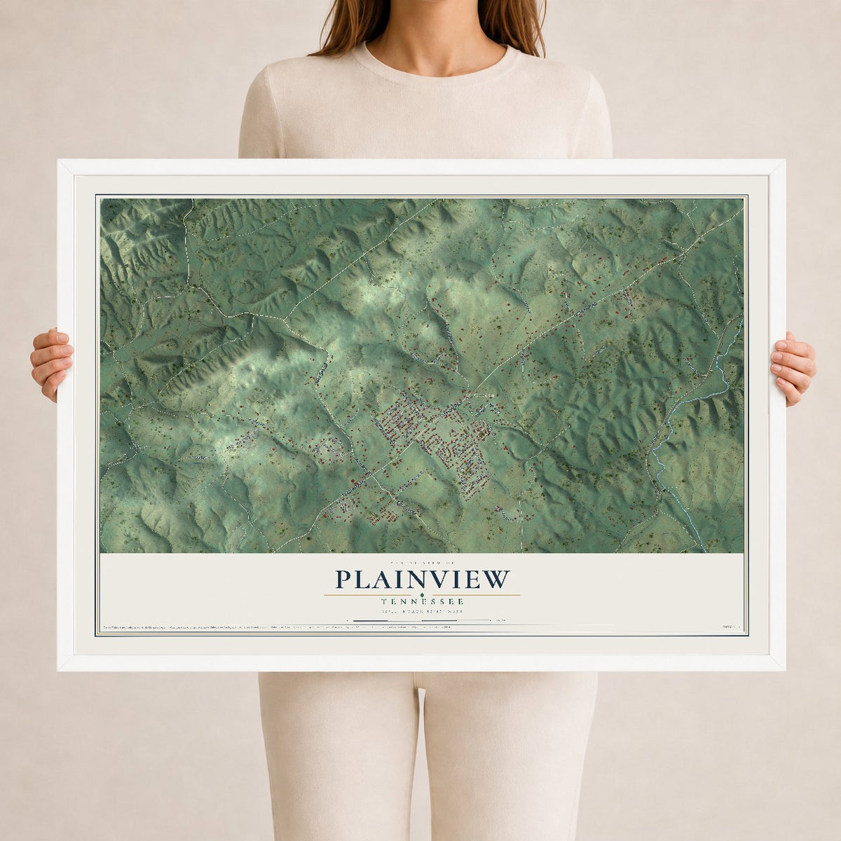 Map of Plainview, Tennessee, 24 x 36 inch print in a white wood frame