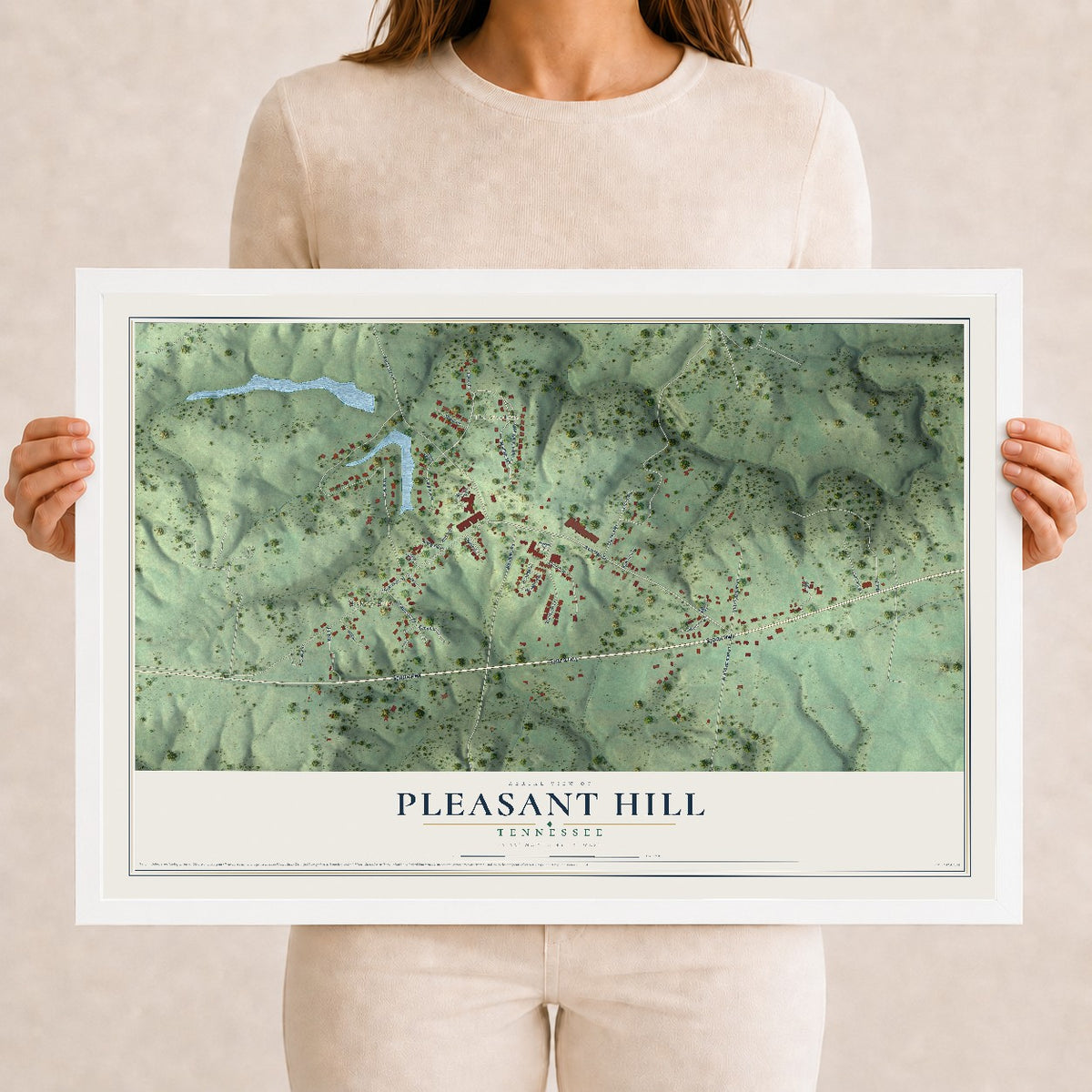Map of Pleasant Hill, Tennessee, 12 x 18 inch print in a white wood frame