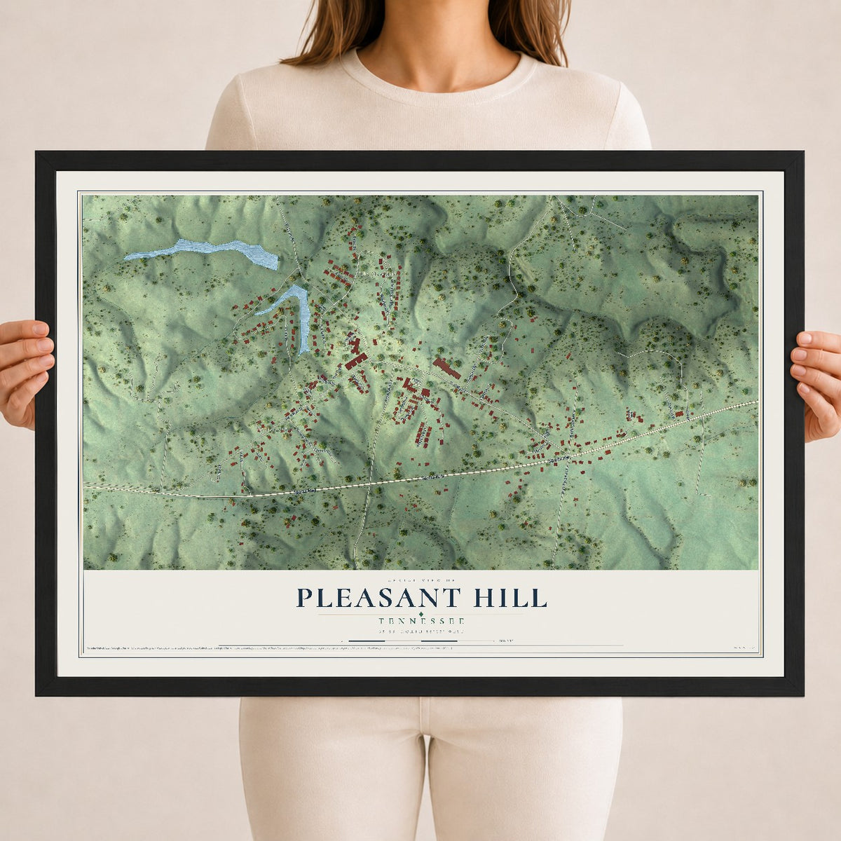 Map of Pleasant Hill, Tennessee, 18 x 24 inch print in a black wood frame