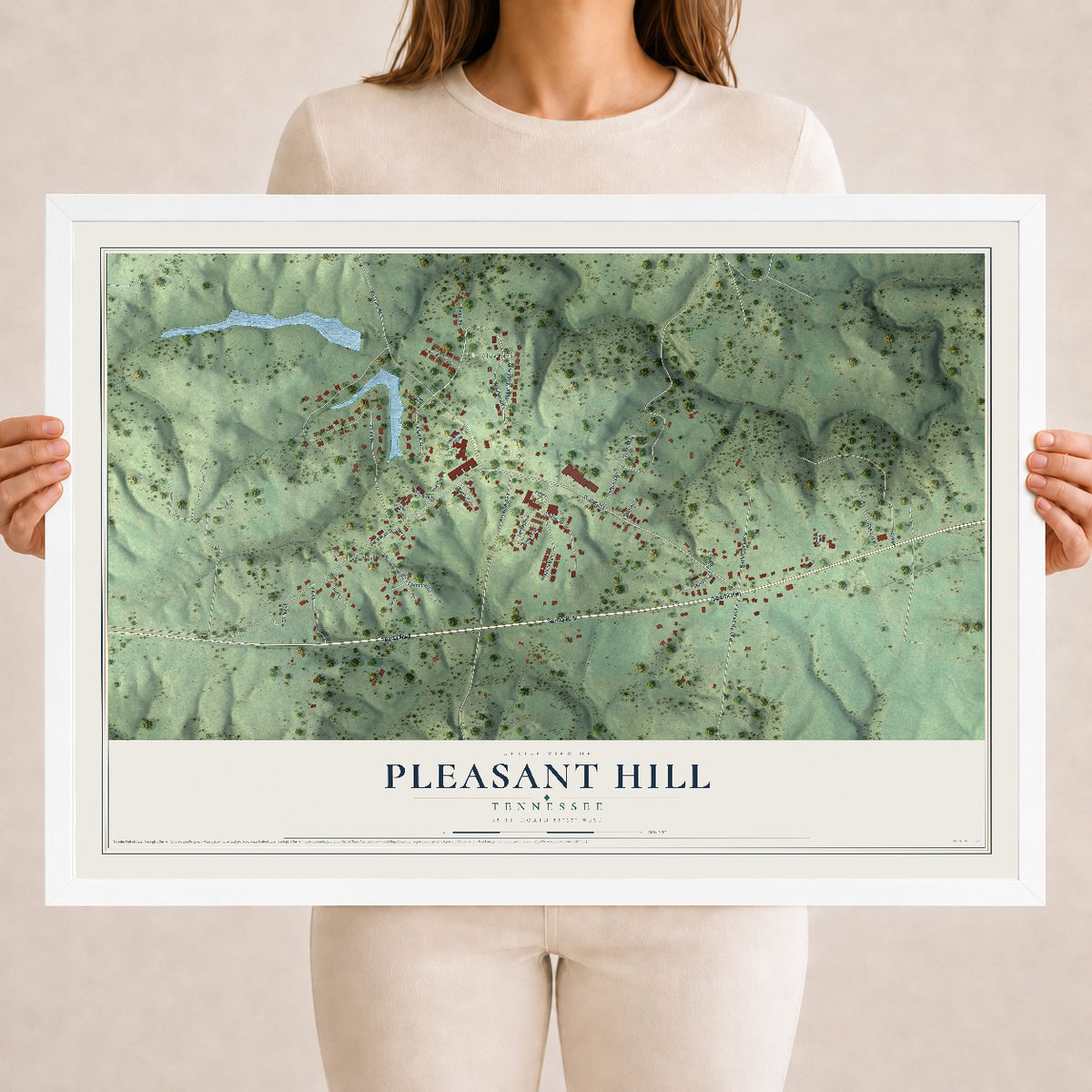 Map of Pleasant Hill, Tennessee, 18 x 24 inch print in a white wood frame