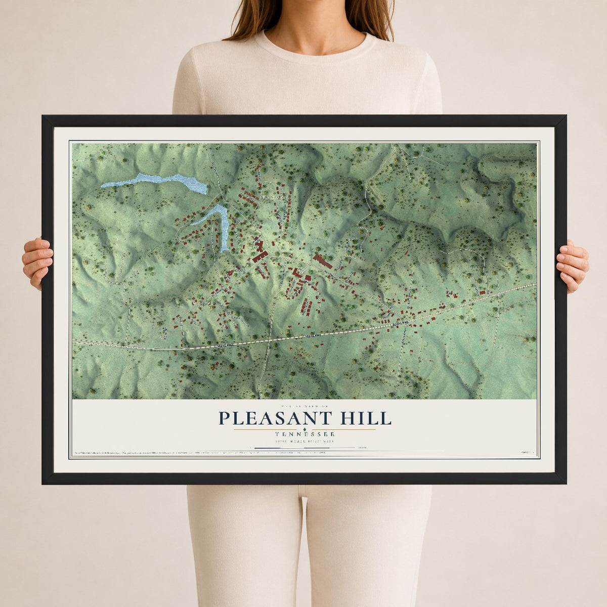 Map of Pleasant Hill, Tennessee, 24 x 36 inch print in a black wood frame