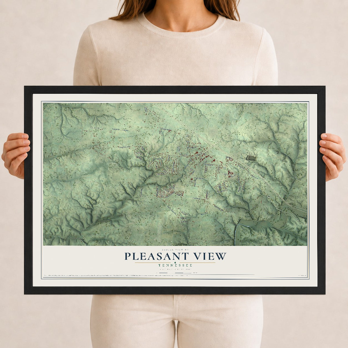 Map of Pleasant View, Tennessee, 12 x 18 inch print in a black wood frame