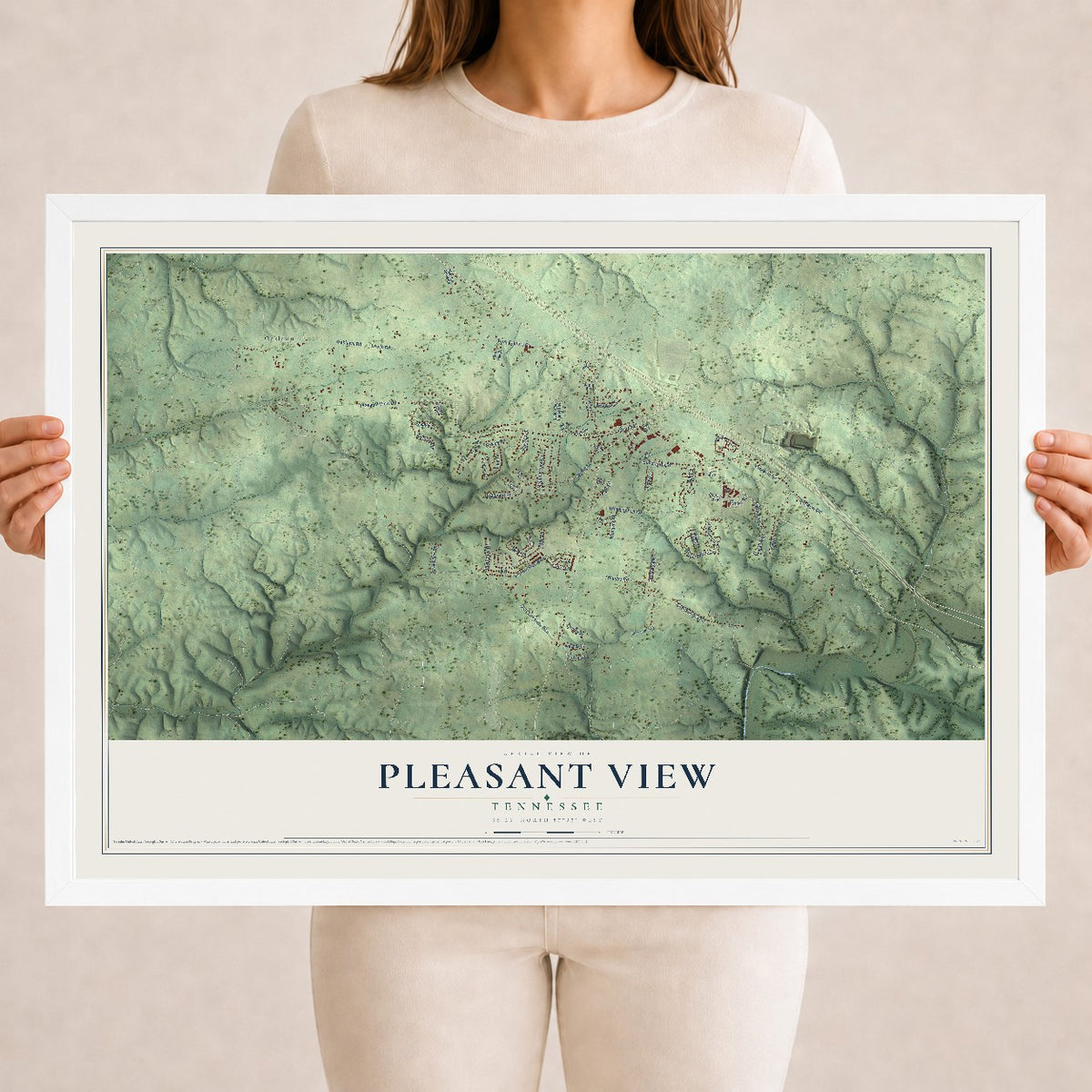 Map of Pleasant View, Tennessee, 18 x 24 inch print in a white wood frame