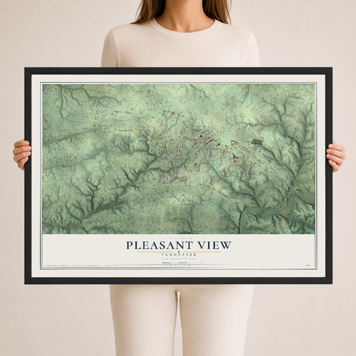 Map of Pleasant View, Tennessee, 24 x 36 inch print in a black wood frame