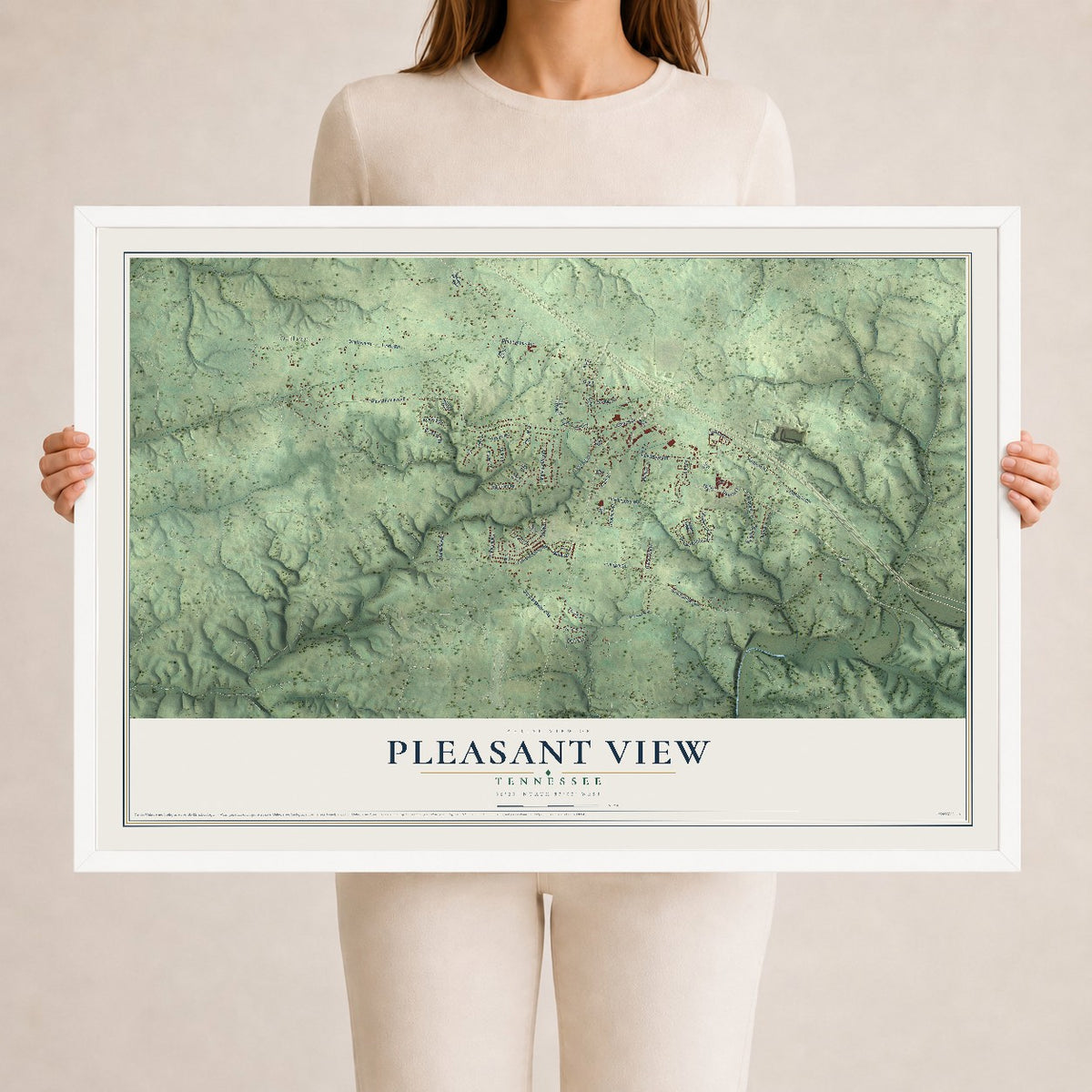 Map of Pleasant View, Tennessee, 24 x 36 inch print in a white wood frame