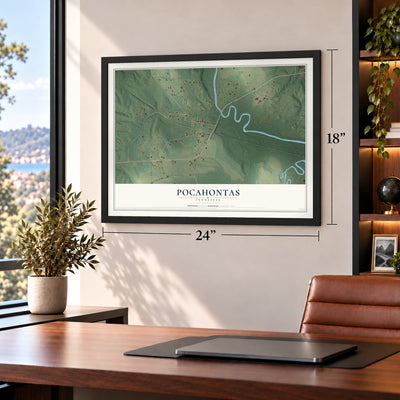 Pocahontas, Tennessee map, 18 x 24 inch print in a black frame in a home office
