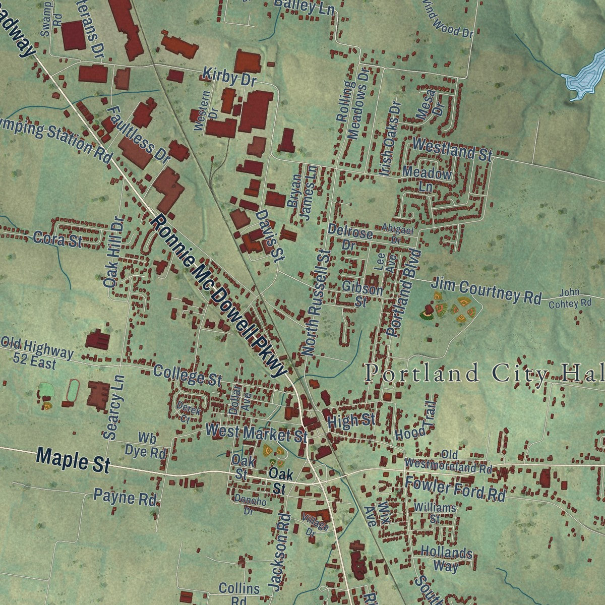 Close-up of the map of Portland, Tennessee print showing street and building detail