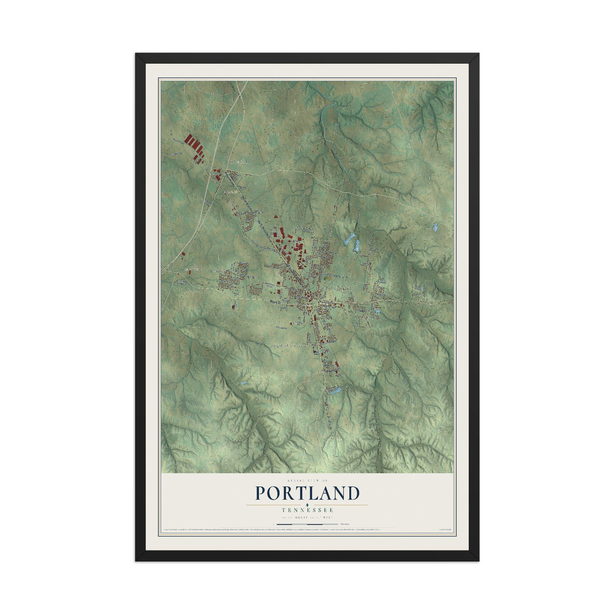 Map of Portland, Tennessee, 12 x 18 inch print in a black wood frame