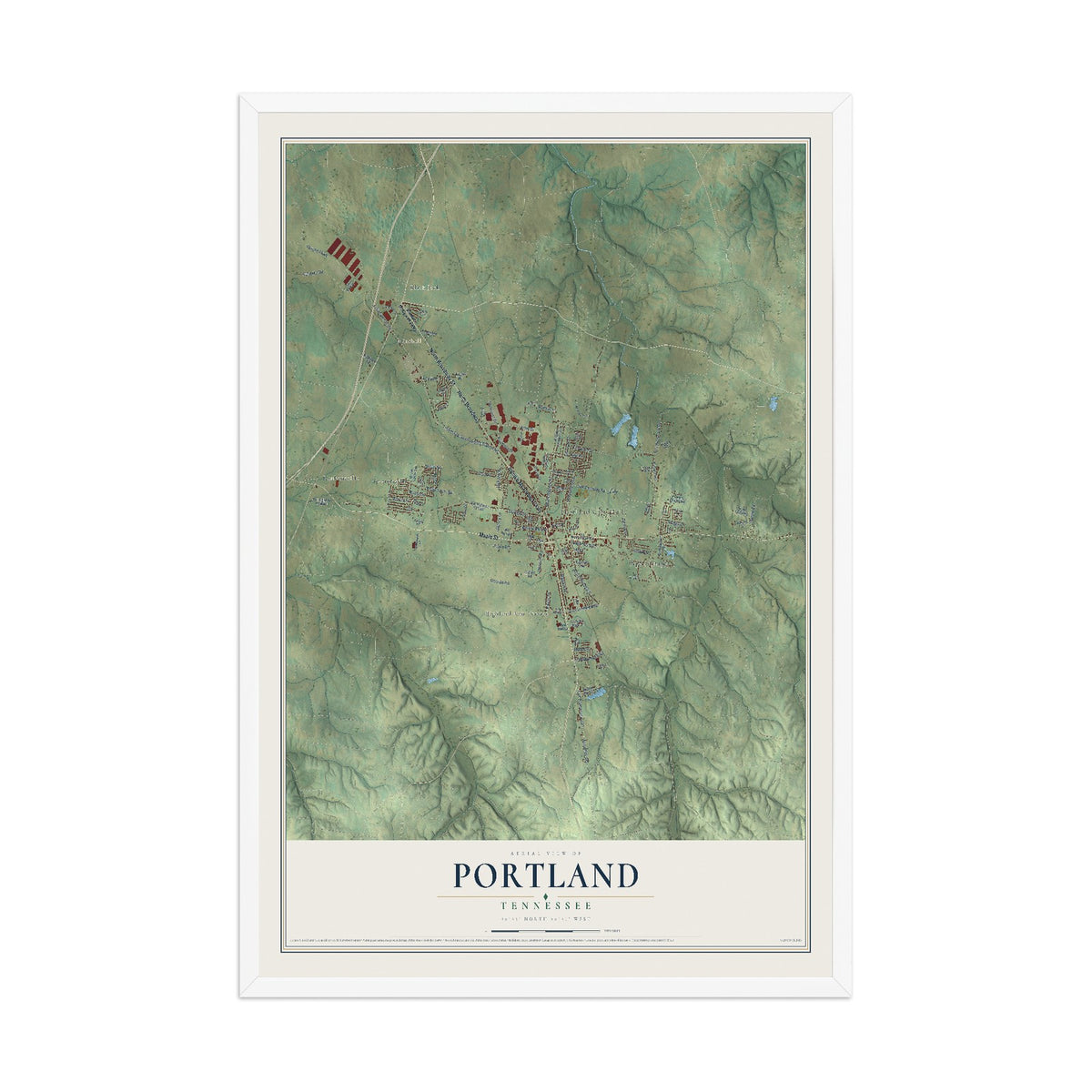 Map of Portland, Tennessee, 12 x 18 inch print in a white wood frame