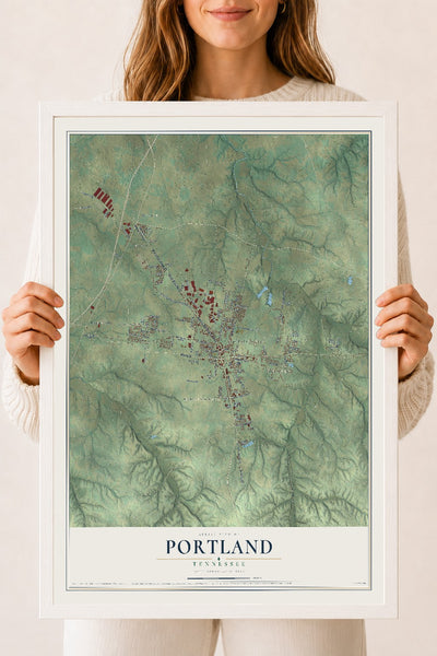 Map of Portland, Tennessee, 18 x 24 inch print in a white wood frame