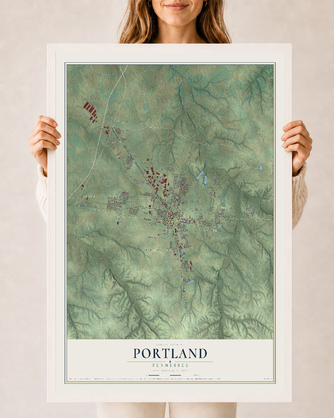 Map of Portland, Tennessee, 24 x 36 inch print in a white wood frame
