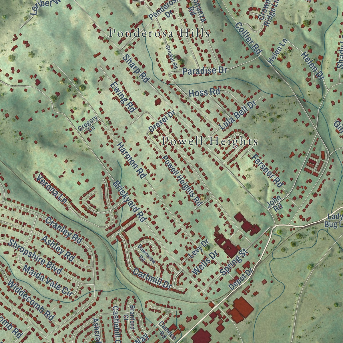 Close-up of the map of Powell, Tennessee print showing street and building detail
