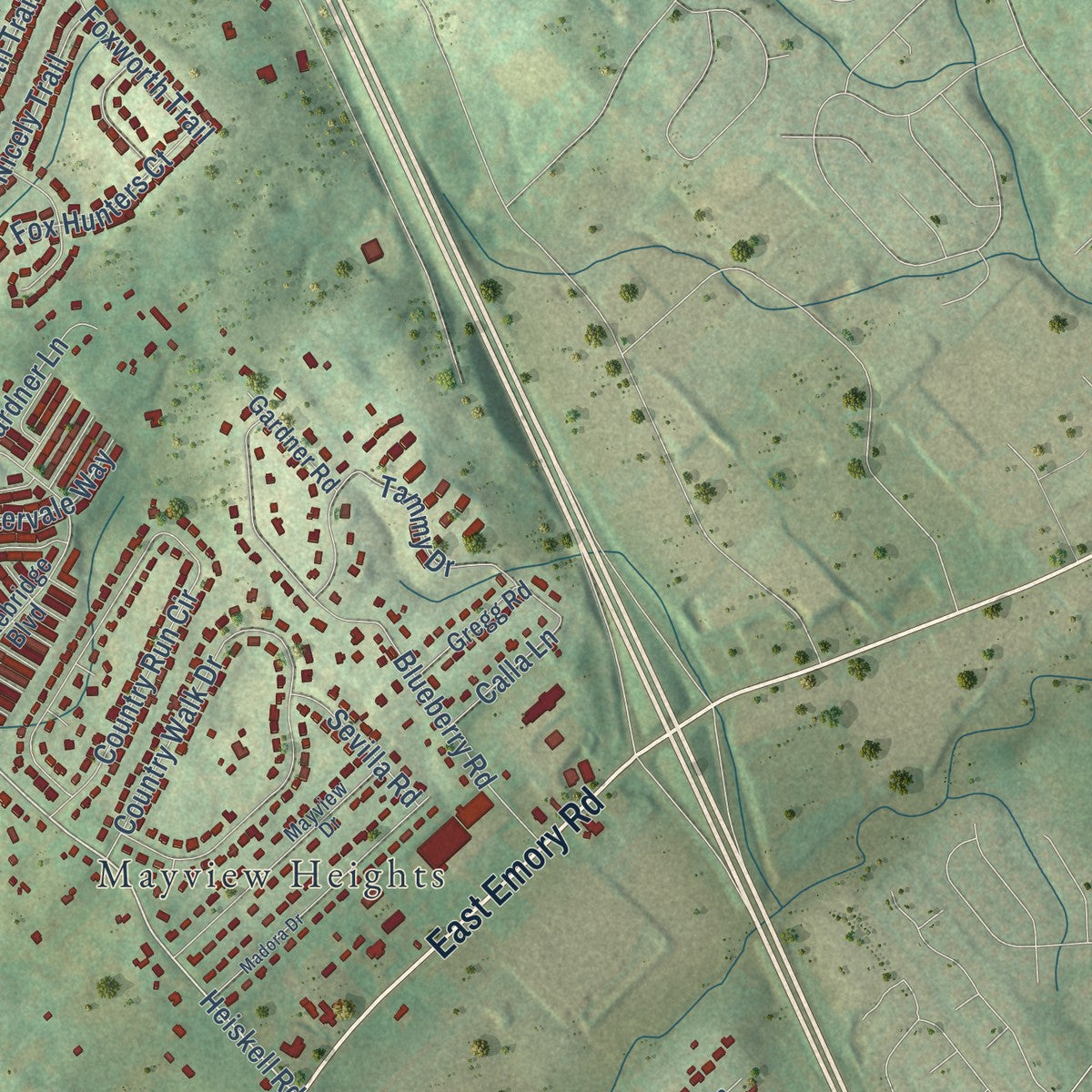 Second close-up of the map of Powell, Tennessee print showing more streets and buildings