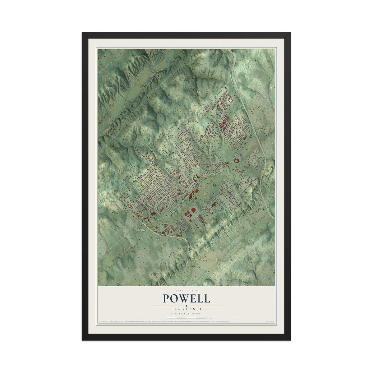 Map of Powell, Tennessee, 12 x 18 inch print in a black wood frame
