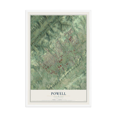 Map of Powell, Tennessee, 12 x 18 inch print in a white wood frame