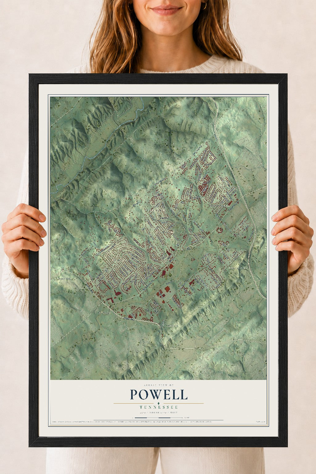 Map of Powell, Tennessee, 18 x 24 inch print in a black wood frame