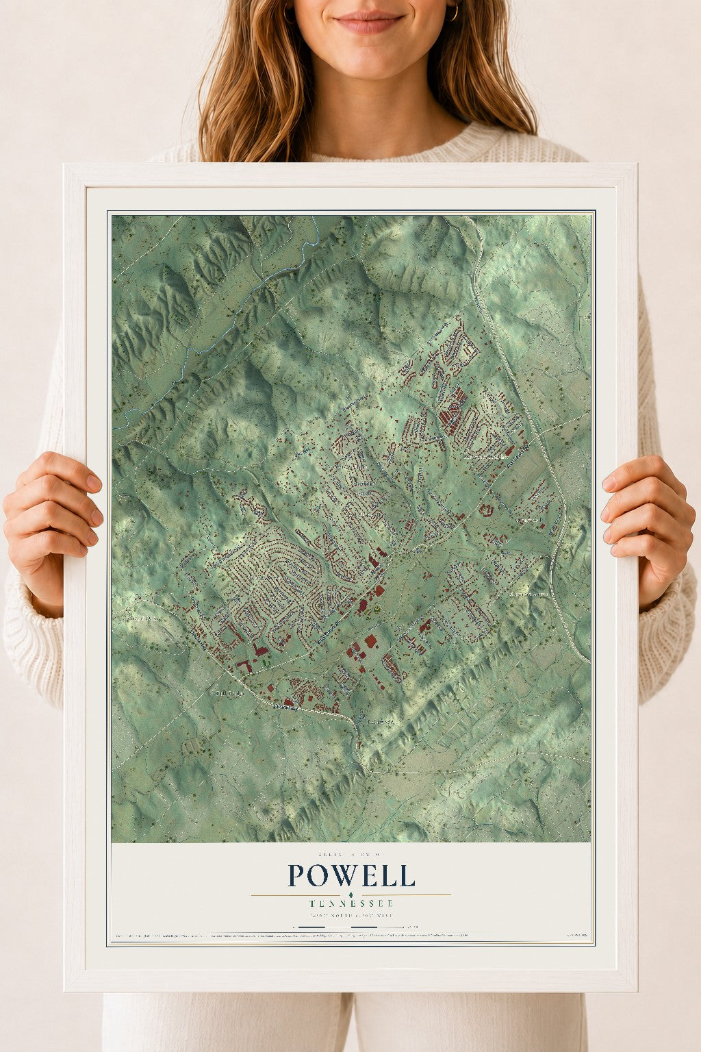 Map of Powell, Tennessee, 18 x 24 inch print in a white wood frame