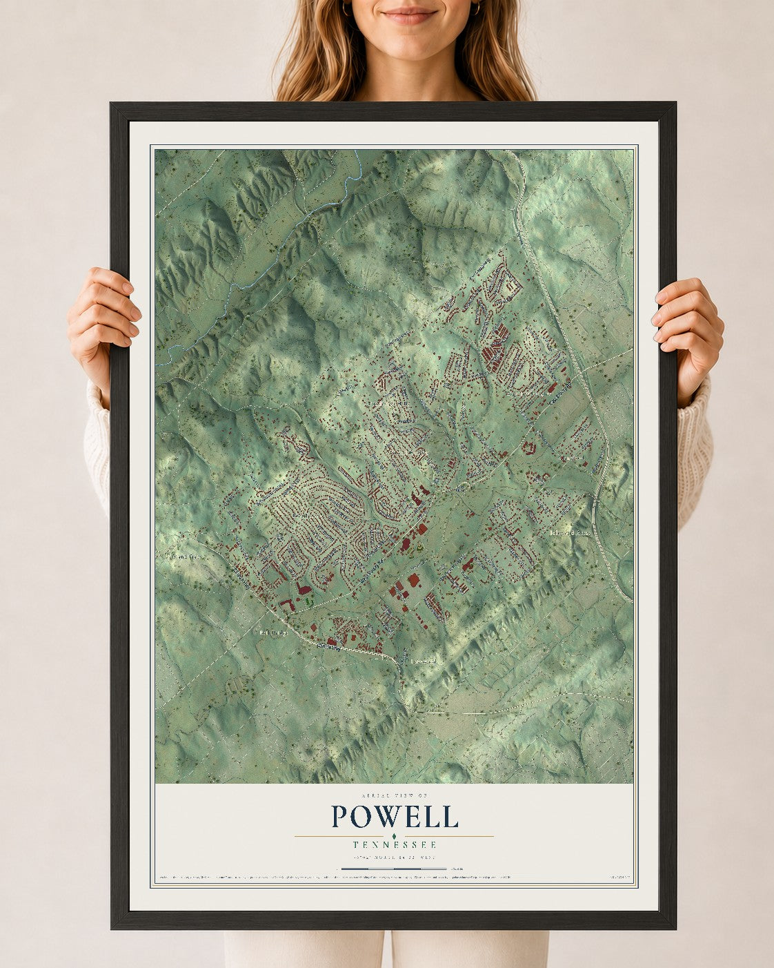 Map of Powell, Tennessee, 24 x 36 inch print in a black wood frame