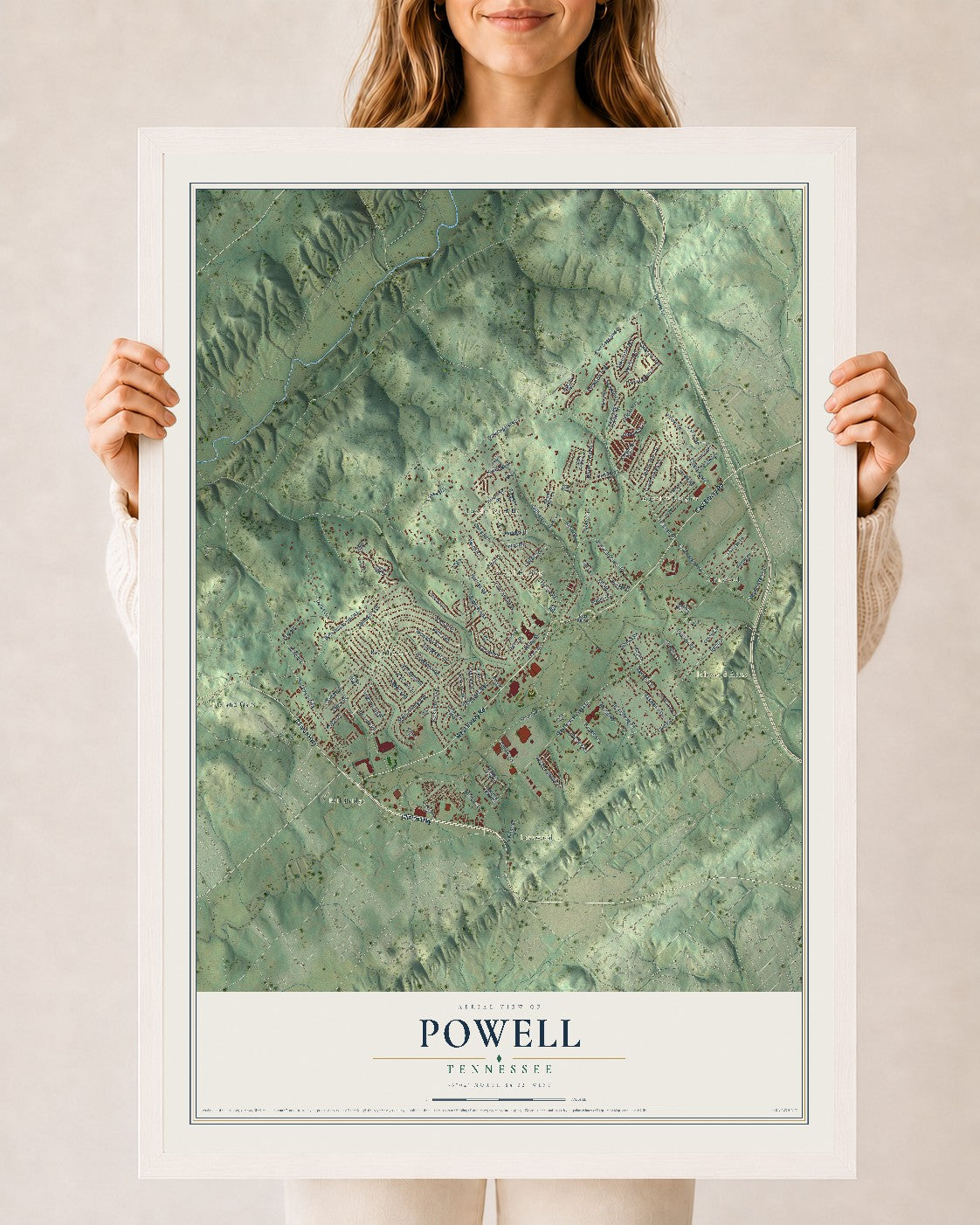 Map of Powell, Tennessee, 24 x 36 inch print in a white wood frame