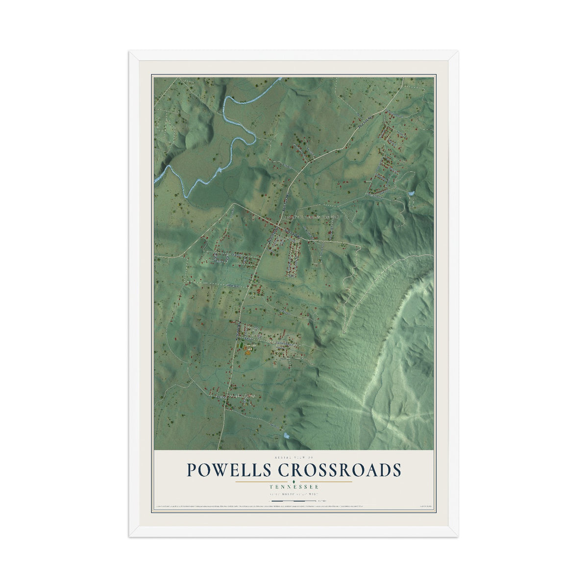 Map of Powells Crossroads, Tennessee, 12 x 18 inch print in a white wood frame