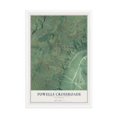 Map of Powells Crossroads, Tennessee, 12 x 18 inch print in a white wood frame