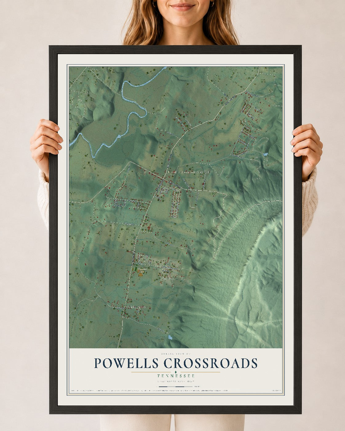 Map of Powells Crossroads, Tennessee, 24 x 36 inch print in a black wood frame