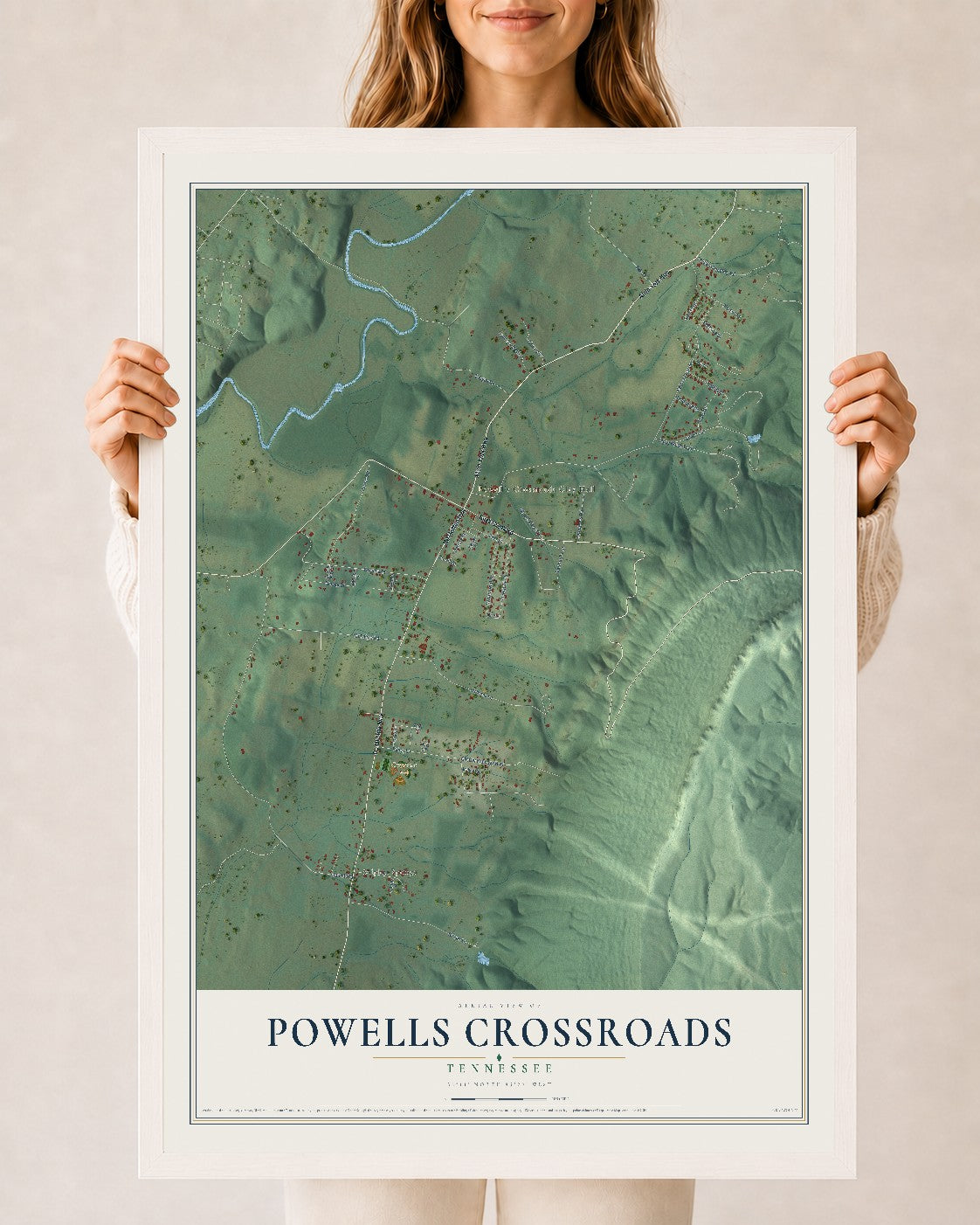Map of Powells Crossroads, Tennessee, 24 x 36 inch print in a white wood frame