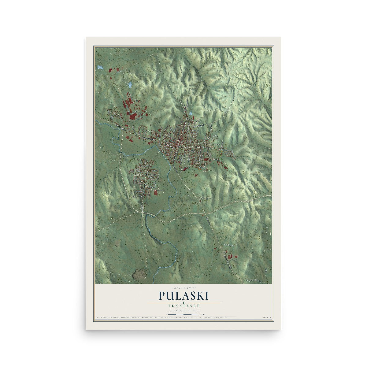 Map of Pulaski, Tennessee, 12 x 18 inch unframed archival matte print