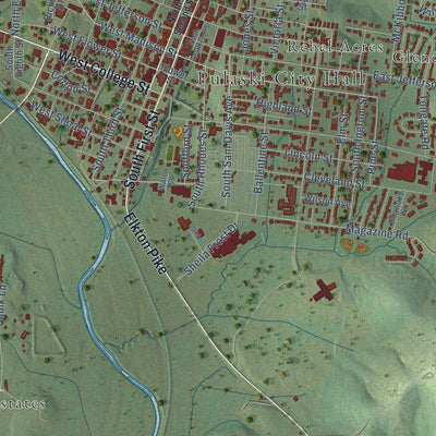 Close-up of the map of Pulaski, Tennessee print showing street and building detail