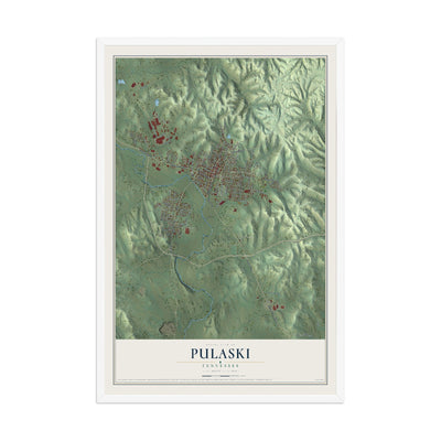 Map of Pulaski, Tennessee, 12 x 18 inch print in a white wood frame
