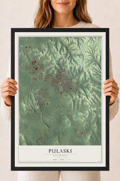 Map of Pulaski, Tennessee, 18 x 24 inch print in a black wood frame