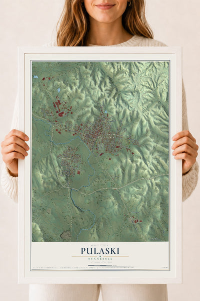 Map of Pulaski, Tennessee, 18 x 24 inch print in a white wood frame
