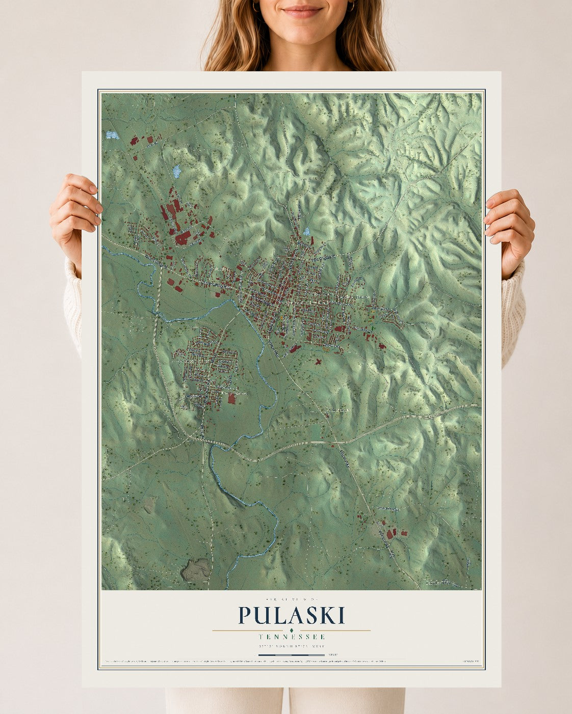 Map of Pulaski, Tennessee, 24 x 36 inch unframed archival matte print