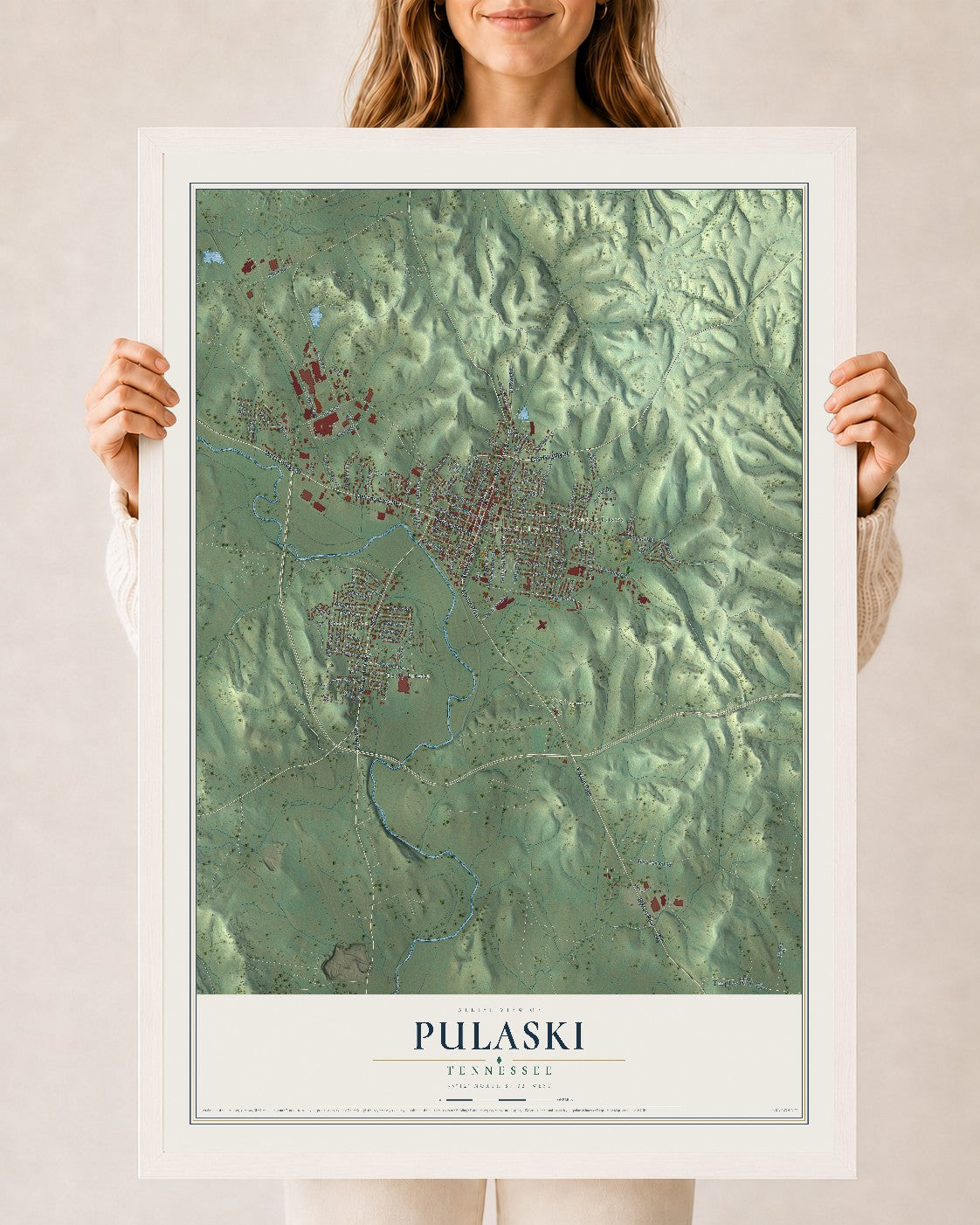 Map of Pulaski, Tennessee, 24 x 36 inch print in a white wood frame